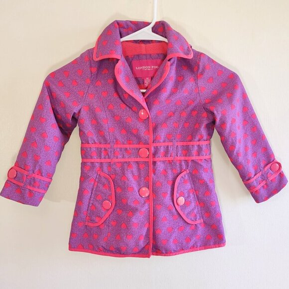 Girls 4T London Fog Hooded Jacket Coat Fleece Lined Pockets Purple & Pink Hearts - Picture 2 of 10